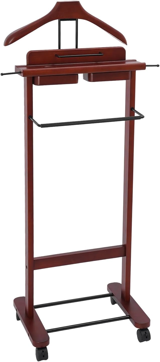 Wood Valet Suit Rack, Freestanding Vintage Garment Rack for Men Women, Heavy Duty Rolling Coat Stand, Valet Stand Clothing Suit Organizer for Entryway, Bedroom, Office(Reddish Orange)