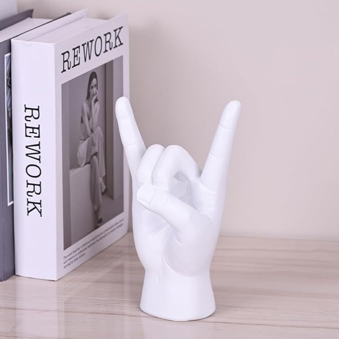 QIANLING 7.7" White Resin Rock On Hand Gesture Statue - Rock Culture Music Lovers' Decorative Tabletop Sculpture for Bookshelf, Desk & Mantel Decor in Home or Office, Modern Symbolic Figurine