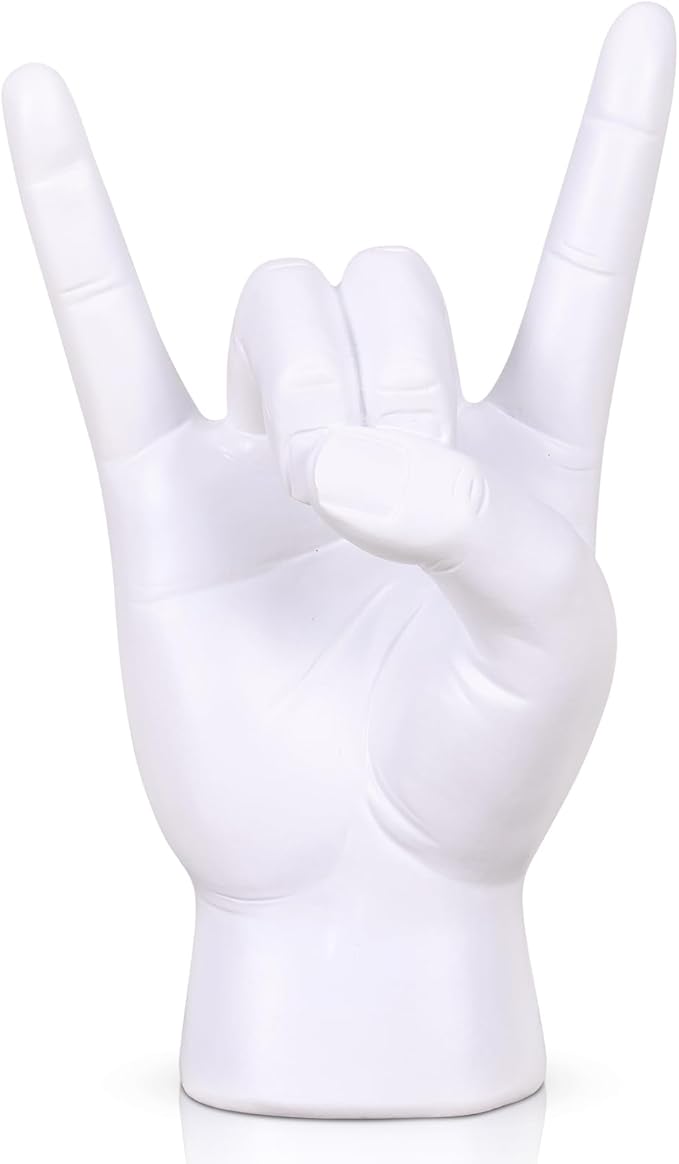 QIANLING 7.7" White Resin Rock On Hand Gesture Statue - Rock Culture Music Lovers' Decorative Tabletop Sculpture for Bookshelf, Desk & Mantel Decor in Home or Office, Modern Symbolic Figurine
