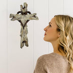 Rustic Wood-Look Resin Wall Cross with Barbed Wire & Nail Heart Accents – 11 ½” Christian Farmhouse Wall Décor, Inspirational Religious Gift (Whitewash)