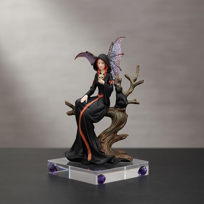 Comfy Hour 7.5" Gothic Fairy Witch Figurine, Fantasy Sorceress with Skull and Black Cat on Withered Tree, Spooky Home Office Desktop Decor, Hand-Cast Polyresin Statue, 1 Piec