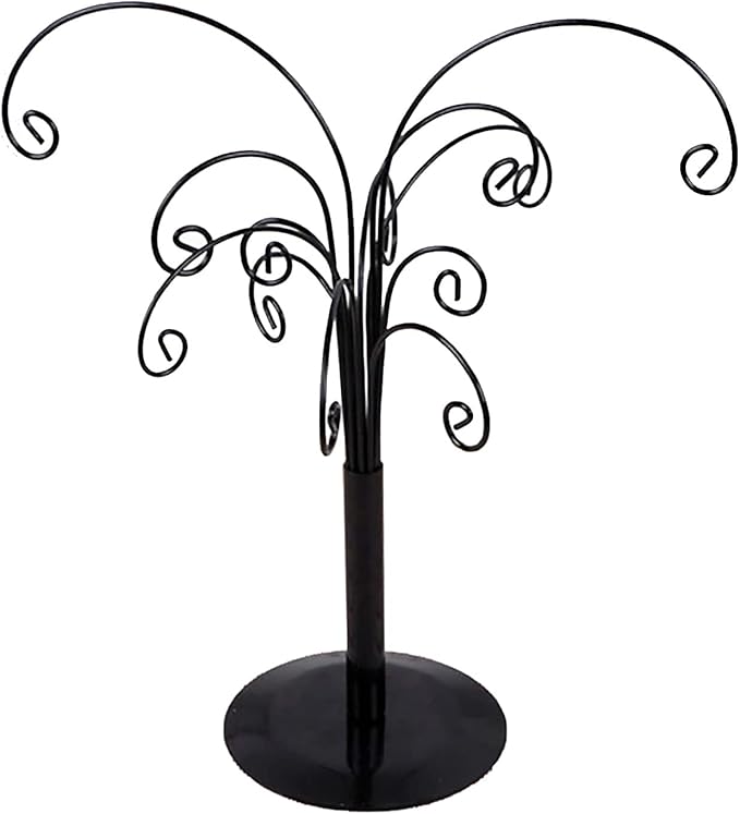 10.6 inch Ornament Tree Display Stand Rotating Decor, Decorative Black Metal Tabletop Display Stand Features Multiple Hooks, Display Rack for Ornaments Glass Globes Balls and Small Craft Items (1PCS)