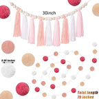 3PCS/Set Boho Tassel Garland,BetterJonny Boho Tassel Garland Wall Hanging Decor Pastel Banner with Wood Beads and 2Pcs Pom Pom Felt Ball for Home and Outdoor Decor