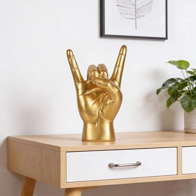 QIANLING 7.7" Gold Rock On Hand Statue, Modern Hand Gesture Sculpture, Rock Music Room Decor, Heavy Metal Party Accent Tabletop Figurine for Desk, Bookshelf, Mantel & Home Office