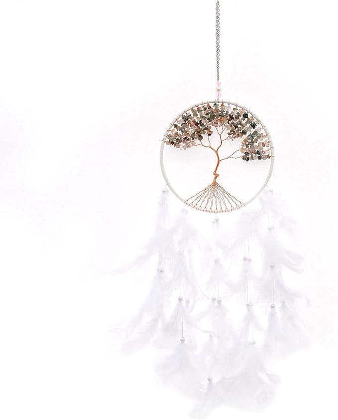 Pretty Jolly Pure White Tree of Life Dream Catcher Wall Decor with Healing Crystal Stone Handmade Feather Dream Catchers Decoration Wall Hanging Bedroom Living Room Wedding Party Home Decor-25.6"