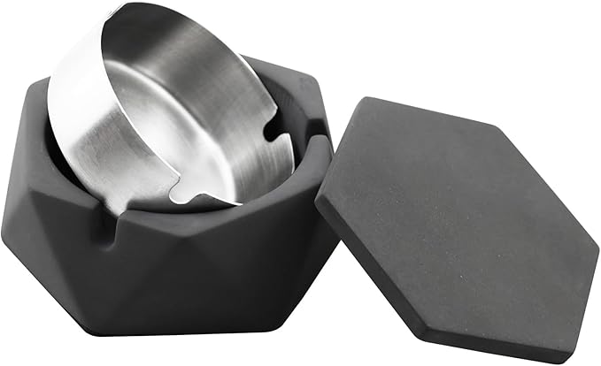 FREELOVE Concrete Ashtray with Lid & Stainless Steel Ashtrays, Cement Ash Tray Smoking Holder Indoor Smokeless Outdoor Windproof Patio Home Office Cool Decor(Dark Grey, Small)