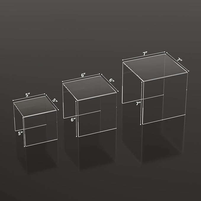 Sezanrpt Clear Acrylic Risers 3 pcs, Square Acrylic Food Display Stands Tabletop, Display Shelf for Vendors, Collectibles, Funko Pop, Food, Glasses, Perfume, Small Plants - 5''x6''x7''