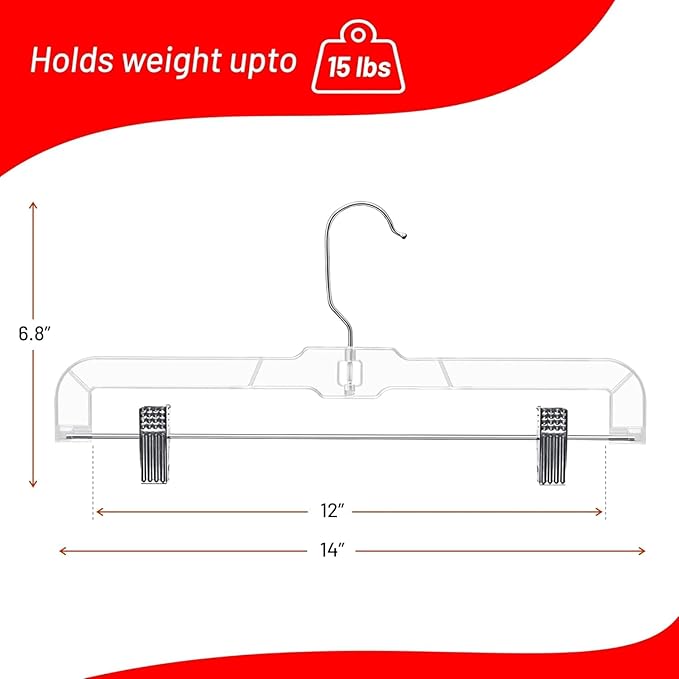 DEILSY™ Skirt Hangers 50 Pack Pants with Clips Hanger Shorts Clear Plastic Clothes with Adjustable Clip Non-Slip Clothes Hanger Perfect for Pant, Pack of 50