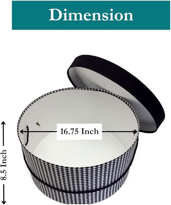 Sarah's Hat Boxes Classic Houndstooth Hat Box – 16.75" x 8.5" (Dia. x Ht.) Handmade in USA – Odorless Non-Toxic Adhesive, Cording Handle – Premium Storage for Hats & Accessories