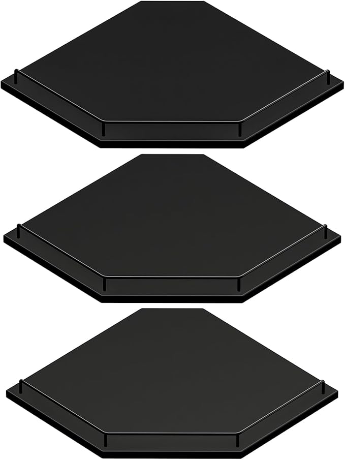 JJL Corner Shelf with Rails, 3-Tier Hexagon Floating Corner Shelf Wall Mounted, 12 Inch Black Rustic Wood Heavy Duty Wall Storage for Bathroom Kitchen Living Room Bedroom