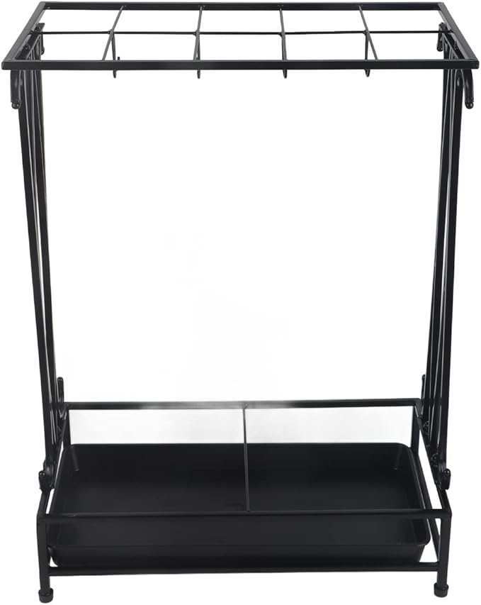 10-Hole Umbrella Holder Stand with 8 Hooks - Removable Drip Tray Umbrella Rack for Entryway, Home & Office Storage Solutions