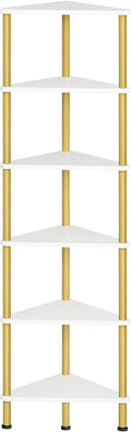 HOOBRO Corner Shelf Stand, Industrial 6-Tier Wall Corner Bookshelf with Metal Frame, Plant Display Shelf, Bookcase for Small Spaces, Living Room, White and Gold DW36CJ01