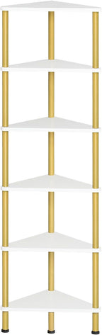 HOOBRO Corner Shelf Stand, Industrial 6-Tier Wall Corner Bookshelf with Metal Frame, Plant Display Shelf, Bookcase for Small Spaces, Living Room, White and Gold DW36CJ01