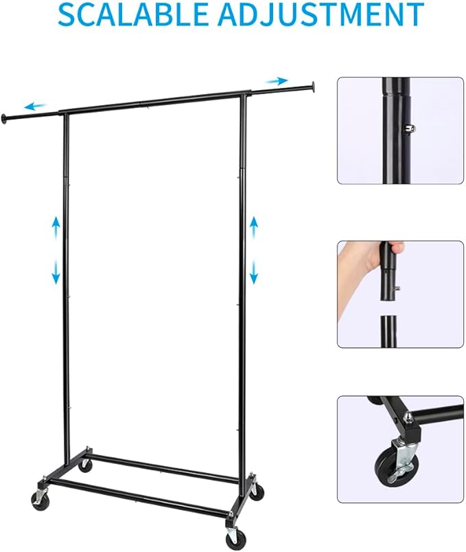 Fishat 59" H Simple Portable Standard Black Rolling Clothing Garment Rack, Metal Freestanding Hanging Clothes Organizer with Lockable Wheels for Mobile