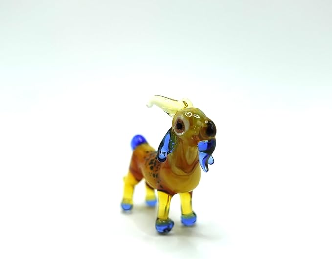 Goat Micro Tiny Figurines Hand Blown Glass Art Animals Collectible Gift Home Décor (Amber Blue)