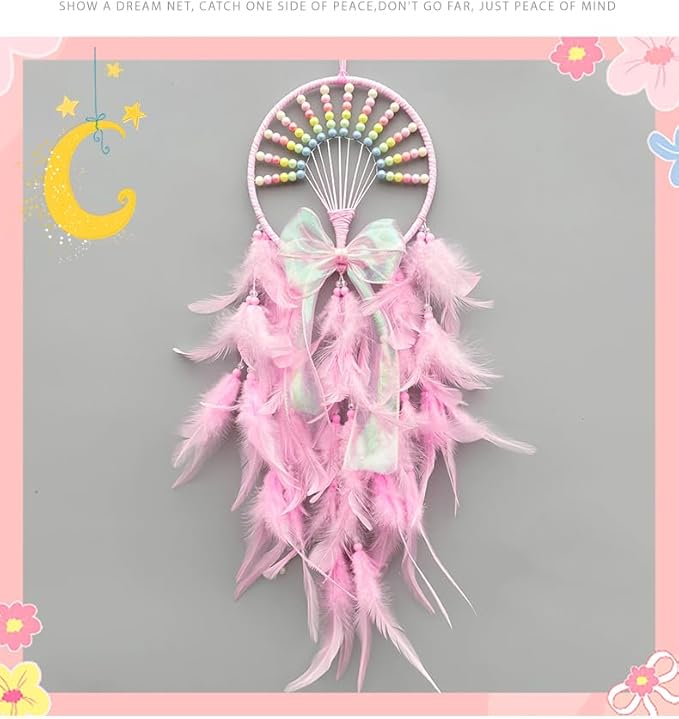 Dream Catcher Wall Hanging for Girls Bedroom Decoration,Pink Dream Catchers for Kids Room Decor Art Craft Gift, Handmade Feather Wall Decor Hanging Ornament(Pink)