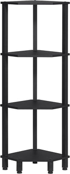 YUFAM 4-Tier Corner Shelf with Sturdy 5-Leg Base, Wooden Corner Bookshelf for Small Spaces, Corner Standing Shelf for Living Room, Bedroom, Office, Black