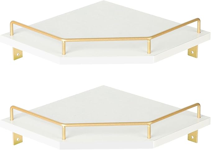 Tirzah White Wall Mount Corner Shelf with Gold Metal Guardrail, 2-Tier 9.5-inch Diamond-Shaped Wood Corner Floating Shelves for Home Decor Kitchen Organizer