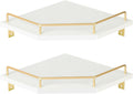 Tirzah White Wall Mount Corner Shelf with Gold Metal Guardrail, 2-Tier 9.5-inch Diamond-Shaped Wood Corner Floating Shelves for Home Decor Kitchen Organizer