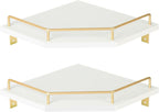 Tirzah White Wall Mount Corner Shelf with Gold Metal Guardrail, 2-Tier 9.5-inch Diamond-Shaped Wood Corner Floating Shelves for Home Decor Kitchen Organizer
