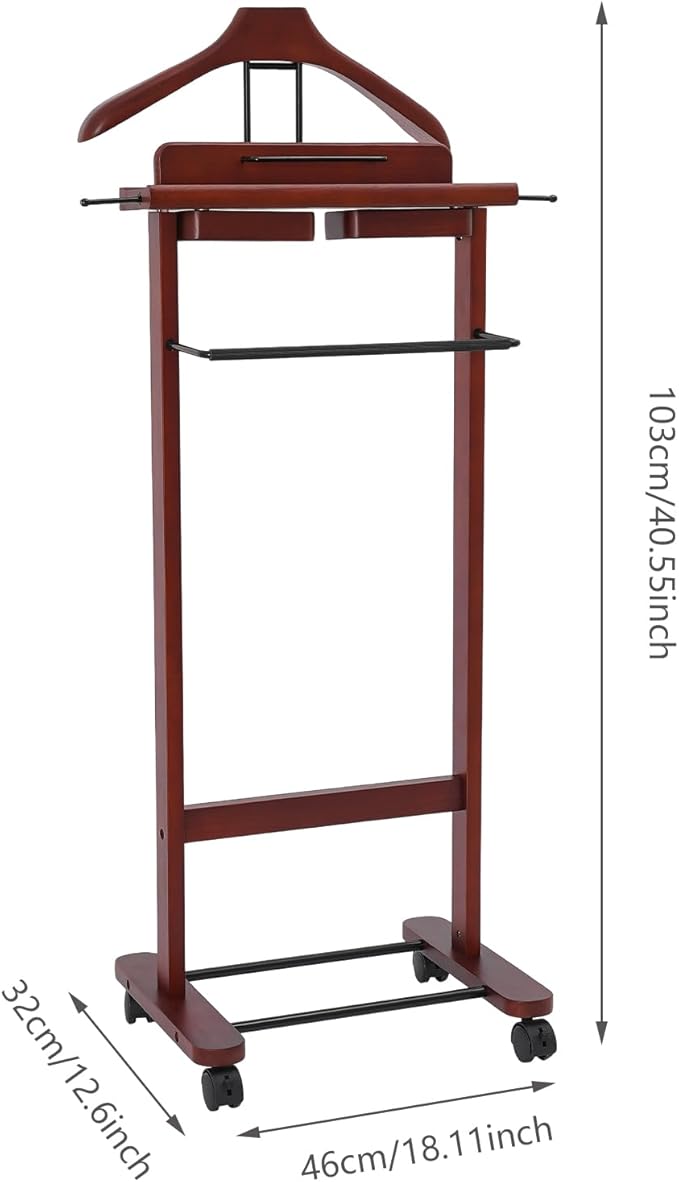 Suit Valet Stand for Men, Wood Freestanding Clothing Rack with Drawer, Top Tray, Contour Hanger, Trouser Bar, Tie & Belt Hooks and Shoe Rack Suit Stand w/Lockable Wheels