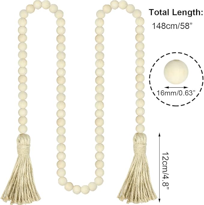 Sivya 58in Farmhouse Beads Wood Bead Garland with Tassels (Natural Wood, 58in/1Pcs)