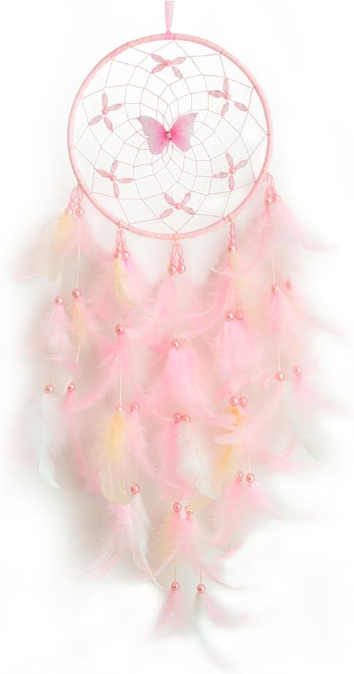 Handmade Feather Dream Catchers, Dream Catchers for Girls with Butterfly, Art Room Decoration for Kids Bedroom, Home Decoration Wedding Party Blessing Gift (Pink)