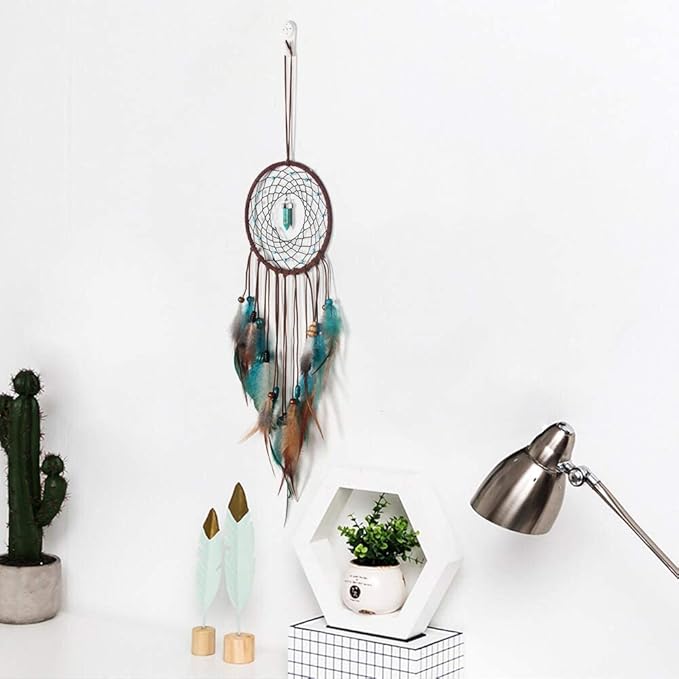 MOONFLY Dream Catcher Handmade Traditional Feather Dreamcatcher Hanging Home Wall Decoration Craft Ornament for Home, Bedroom, Kids, Native American Style Décor(Turquoise)