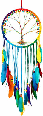 OMA Chakra Rainbow Dream Catcher, Tree of Life Design with Feathers and Beads, Rainbow Suede Authentic Traditional Dream Catcher Boho Home Decor - Large Size - 36" Long x 11" Diameter (Rainbow)