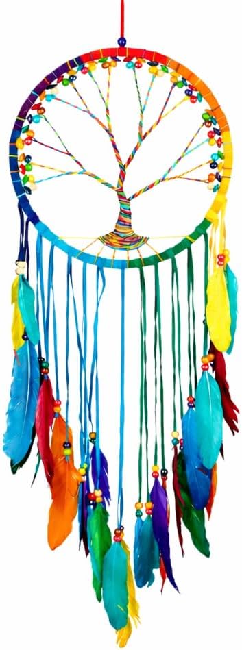 OMA Chakra Rainbow Dream Catcher, Tree of Life Design with Feathers and Beads, Rainbow Suede Authentic Traditional Dream Catcher Boho Home Decor - Large Size - 36" Long x 11" Diameter (Rainbow)