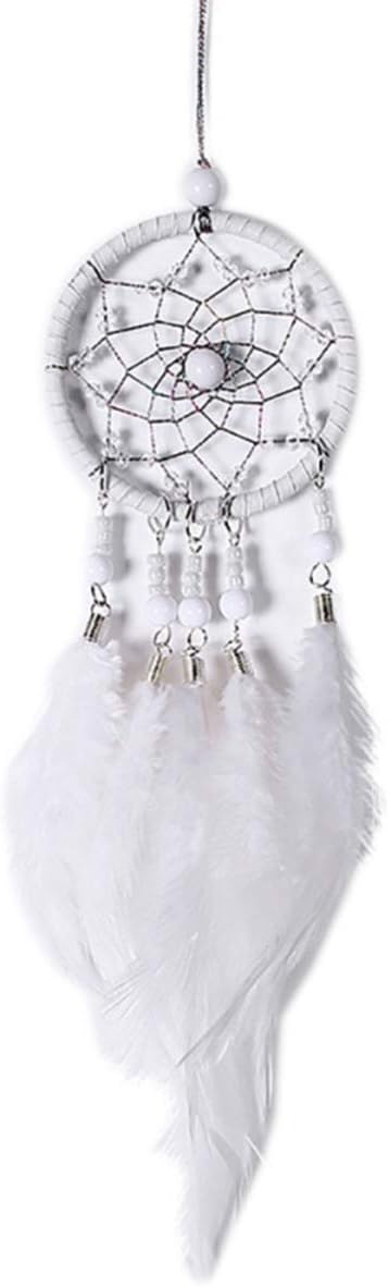 Feather Dream Catcher Pendant, Small Car Charm for Wall & Bedroom Hanging Decorations (White)