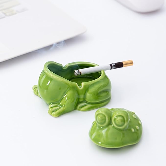Frog Ashtray with Lid for Cigarette Ceramic Green Windproof Ash Tray for Home Office Tabletop Outside Patio Outdoor
