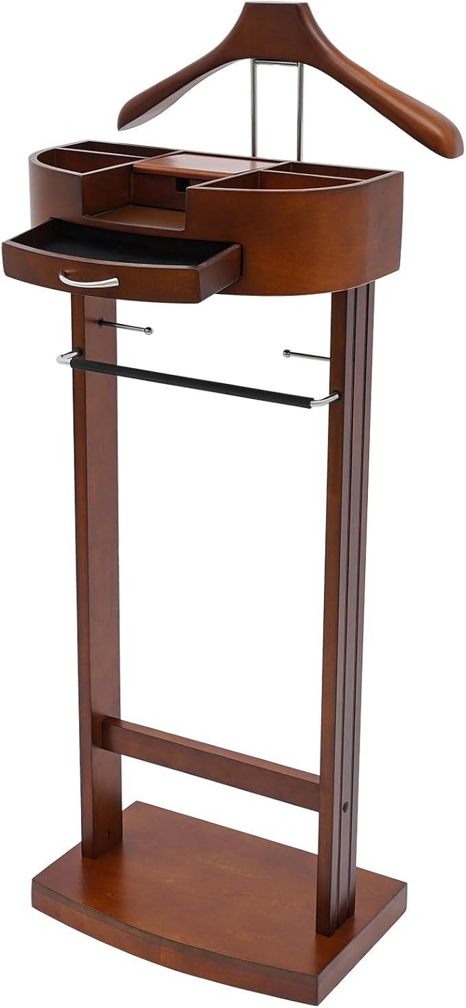 Suit Valet Stands for Women and Men Clothes Wood Valet Stand with Base Freestanding Clothing Organizer Valet Stand Contour Hanger Trouser Bar Belt Hooks for Office Living Room (Brown)