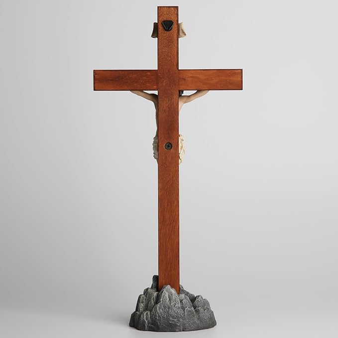 Crucifix Standing - Hand Painted Wooden Cross Table Decor, Standing Jesus Cross Catholic Home Decor Religious Gifts 15 Inch