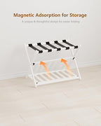 Luggage Rack, Folding Luggage Rack for Guest Room, Bamboo Suitcase Stand with Unique Magnetic Locking, Luggage Stand with Storage Shelf for Hotel, Bedroom, Guest Room, White, WT01XLG1