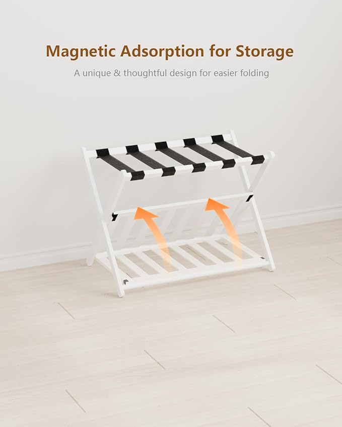 Luggage Rack, Folding Luggage Rack for Guest Room, Bamboo Suitcase Stand with Unique Magnetic Locking, Luggage Stand with Storage Shelf for Hotel, Bedroom, Guest Room, White, WT01XLG1