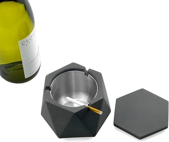FREELOVE Concrete Ashtray with Lid & Stainless Steel Ashtrays for Cigarettes, Cement Ash Tray Smoking Holder Indoor Smokeless Outdoor Windproof Patio Home Office Cool Decor(Dark Grey, Large)