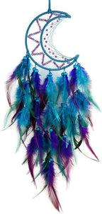 Moon Dream Catcher Handmade for Bedroom Purple and Blue Feather Dream Catchers for Home Decoration Ornaments for Bedroom Wall Hanging (Blue Feather - 1pc)