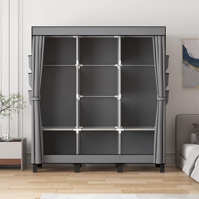 Portable Closet, 51.18" Large Capacity Clothing Storage Organizer with 3 Hanging Rods 6 Shelves 18 Side Pockets, Dustproof Sturdy Wardrobe for Bedroom Dorm Rental Apartment (Grey, Large)