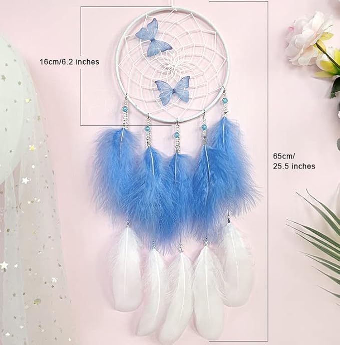 Girls Blue Butterfly Dream Catcher Wall Decor, DreamCatchers Wall Hanging Ornaments for Bedroom Home Decor Festival Gift