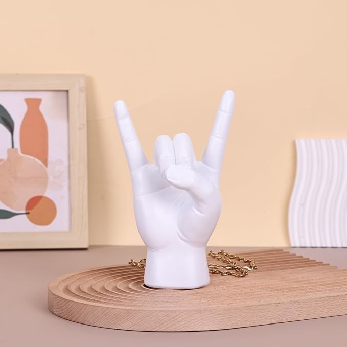 QIANLING 7.7" White Resin Rock On Hand Gesture Statue - Rock Culture Music Lovers' Decorative Tabletop Sculpture for Bookshelf, Desk & Mantel Decor in Home or Office, Modern Symbolic Figurine