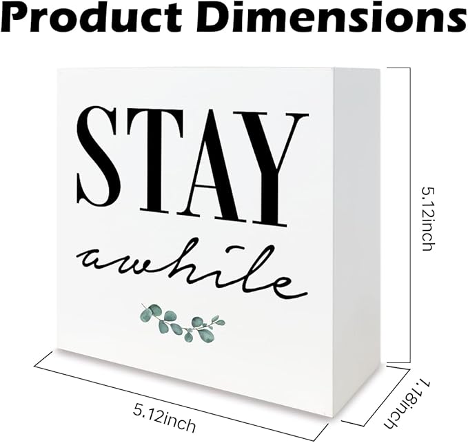 Rustic Farmhouse Home Wooden Signs, Stay Awhile Sign, Living Room Decor, Farmhouse Style Quality Print, Home Desk Decoration, Housewarming Gift, Box Sign Decor Tabletop, 5.1x5.1inches