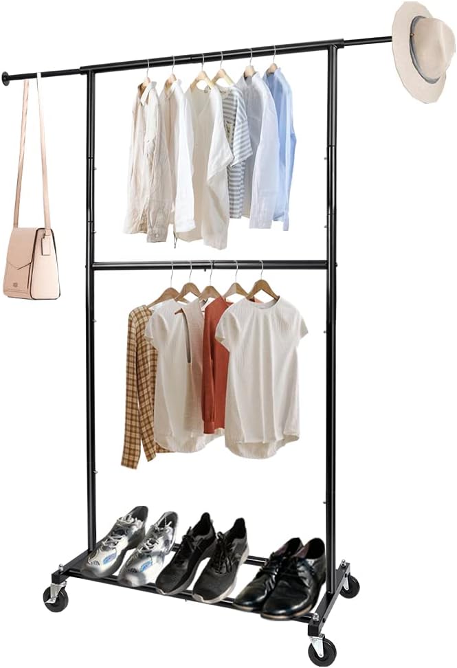 Black Simple Standard Rod Rolling Clothing Garment Rack, Metal Clothes Organizer with Lockable Wheels