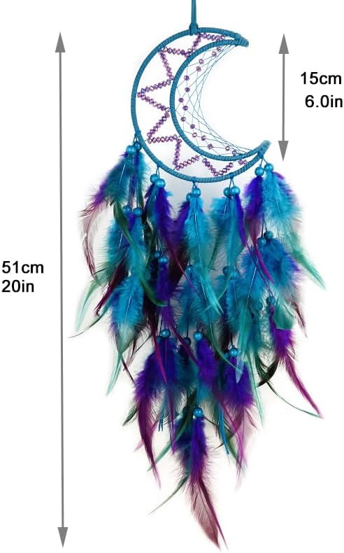 Moon Dream Catcher Handmade for Bedroom Purple and Blue Feather Dream Catchers for Home Decoration Ornaments for Bedroom Wall Hanging (Blue Feather - 1pc)