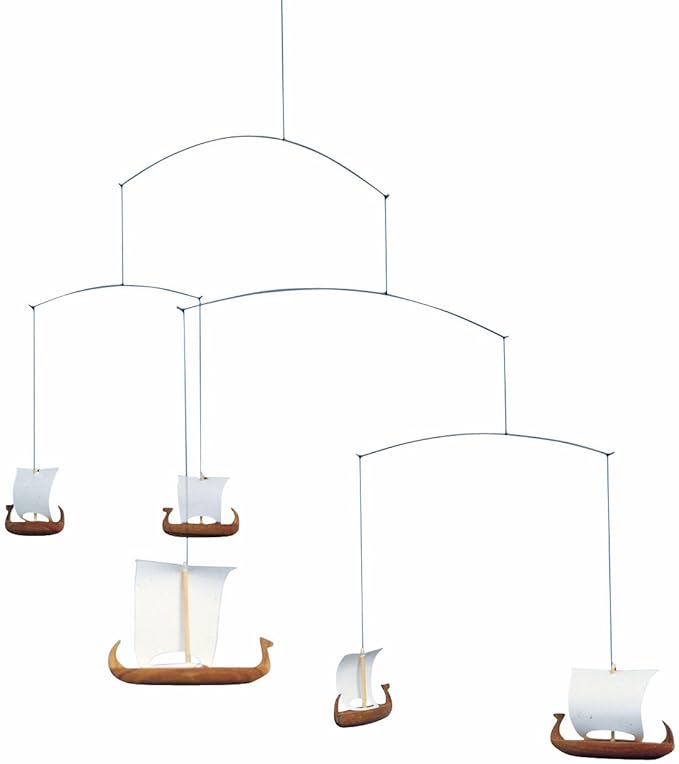 Viking Ships 5 Hanging Mobile - 26 Inches - Teak - Handmade in Denmark by Flensted