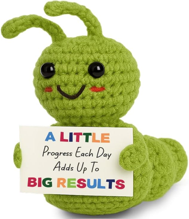 Mini Positive Progress Caterpillar – Motivational Crochet Doll for Kids Teens Adults, Small Encouragement Gifts for Students, Back to School Study Desk Decor, Uplifting Plush Reminder