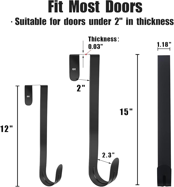 GameXcel 12" + 15" Wreath Hanger for Front Door - Large Wreath Metal Hook for Christmas Wreath Over The Door Hangers - 2 Pcs Black