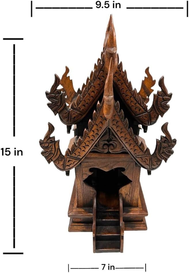 Large Wood Carved Thai Spirit House Model, Asian Inspired Home Decor, 15 Inches Tall