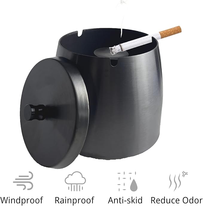 Ash Tray, Large Outdoor Ashtray with Lid, Ashtray for Outside Patio, Stainless Steel Windproof Smokeless Ash Tray for Balcony, Ashtrays for Smokers, Cigar, Home Office Decoration
