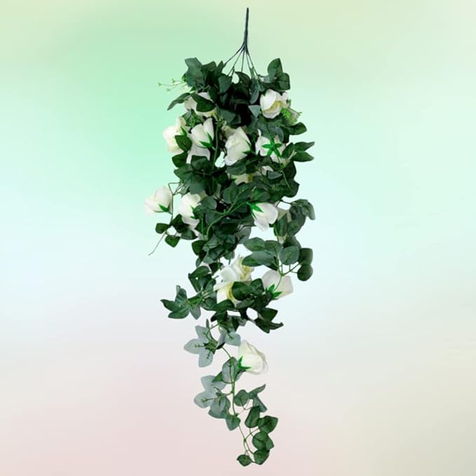 Lindagary Floral Teardrop Swag Artificial Rose Flower Swag Front Door Garland Fake Plant Ivy Branch for Wedding Home Wall Decoration - White